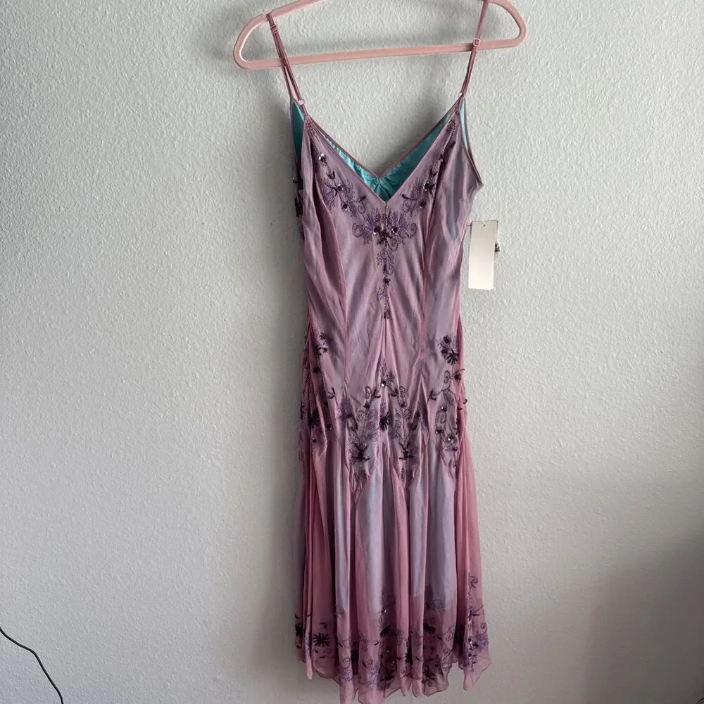 NWT VTG Adrianna Papell Purple/Teal Y2K Fairy Mermaid Silk Beaded Dress Sz 14 - Picture 9 of 15